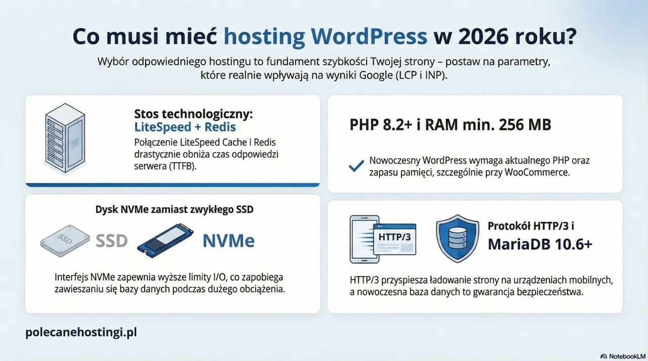 Infografika co musi cieć dobry hosting wordpress w 2026 roku