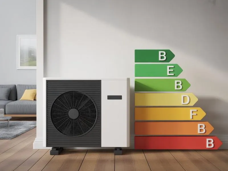 Urządzenie pompy ciepła na tle skali zużycia energii