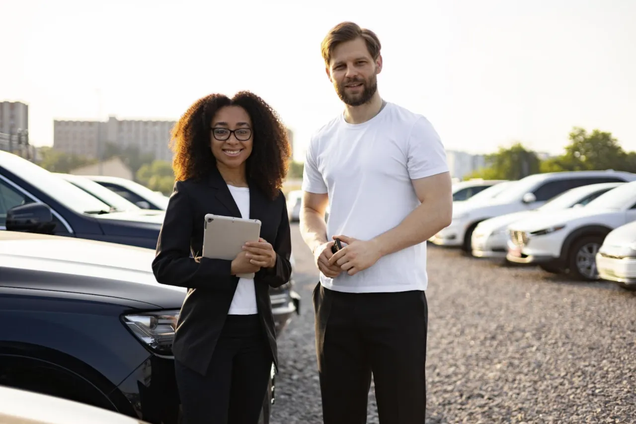 mężczyzna i przedstawicielka salonu wśród samochodów na sprzedaż