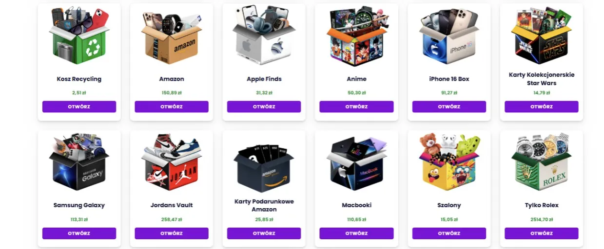 Przykładowe mystery boxy dostępne na platformie JemLit