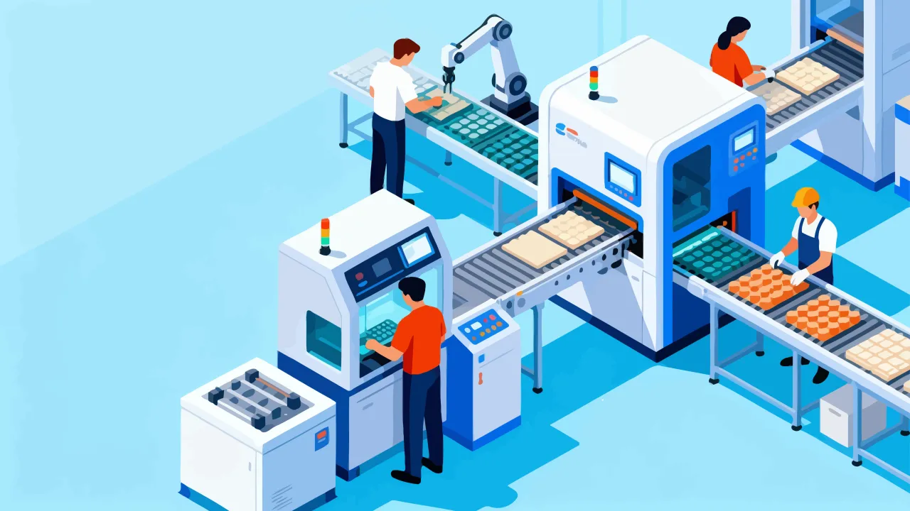 Nowoczesna hala produkcyjna z maszynami pracującymi w modelu Przemysłu 4.0