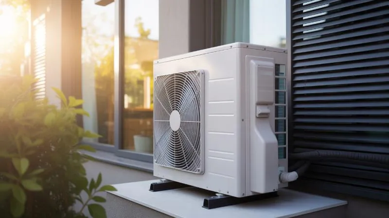  Powietrzna pompa ciepła zamontowana na zewnątrz domu jednorodzinnego