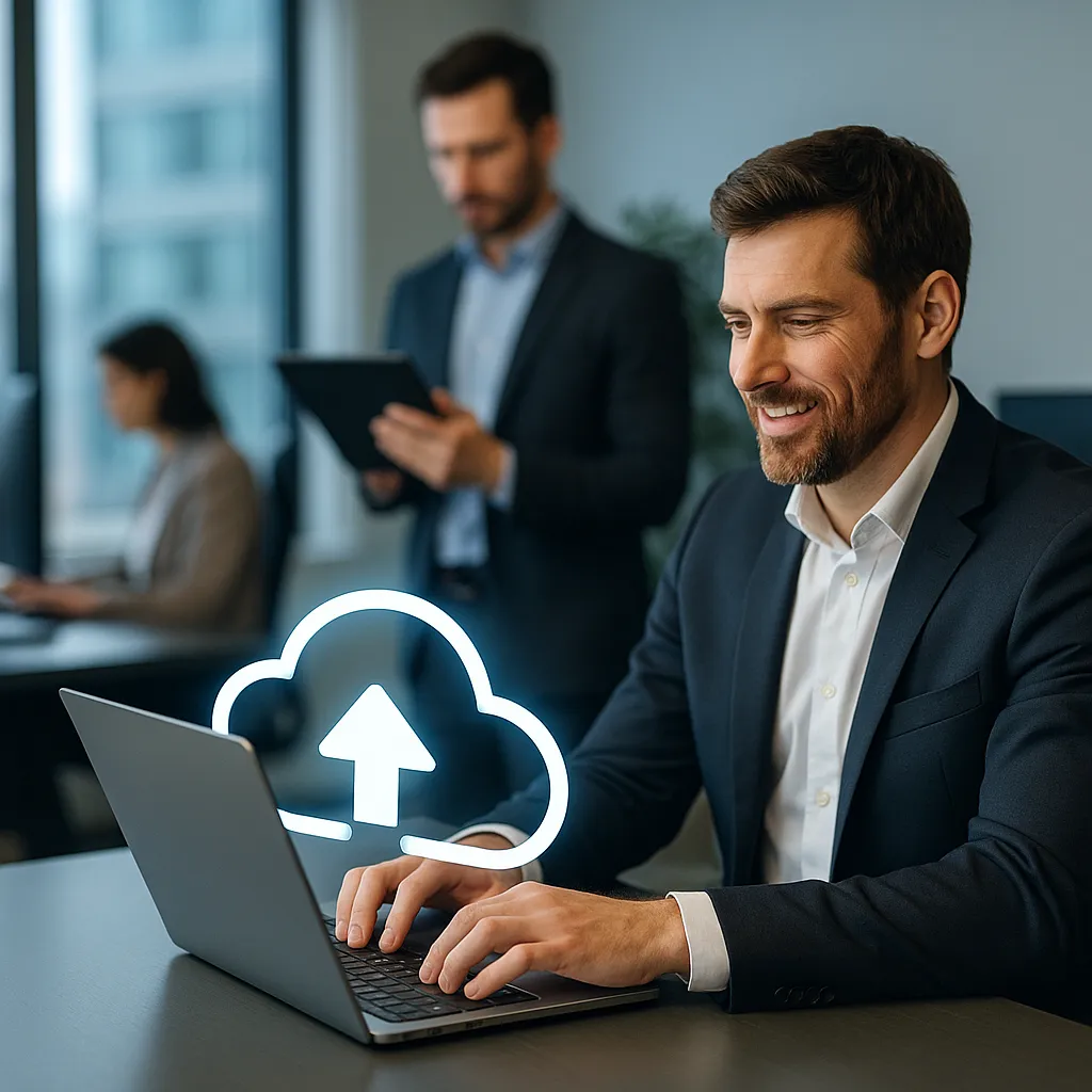 Pracownik biura korzystający z usług chmurowych na laptopie z ikoną chmury, symbolizującą chmurę dla firm i rozwiązania IntoCloud