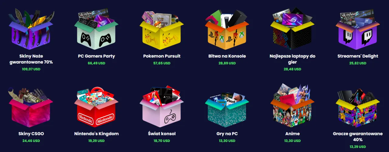 Kolekcja kolorowych mystery boxów dla graczy z konsolami, grami, anime i skinami