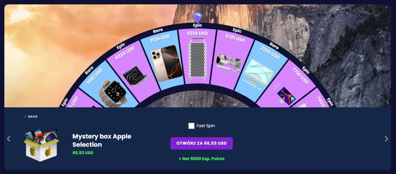 Koło losujące z nagrodami Apple, takimi jak laptopy, smartfony i komputery.