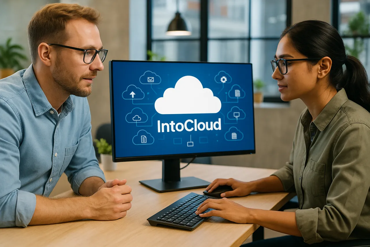 Zespół pracowników biurowych współpracujący przy komputerze z ekranem IntoCloud — inteligentna chmura danych dla firm