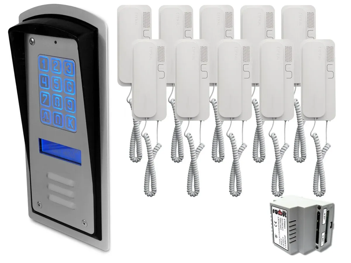 Panel domofonu zewnętrznego z klawiaturą i przyciskami mieszkań