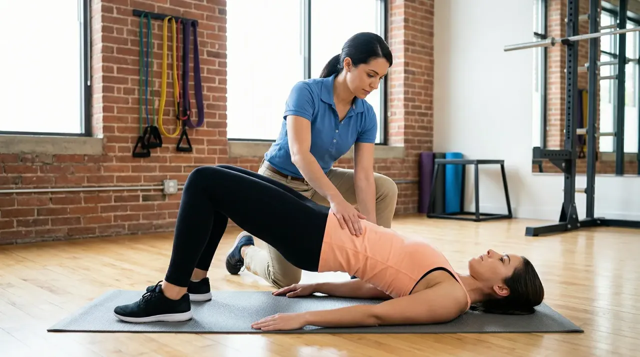 Fizjoterapeuta pomaga pacjentce w ćwiczeniach wzmacniających biodra. To pokazuje, co można robić po fizjoterapii, by wr&oacute;cić do formy.