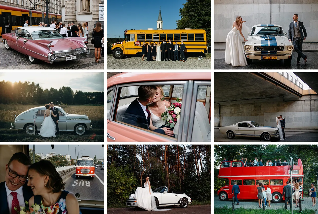 r&oacute;żne samochody do ślubu kolaż