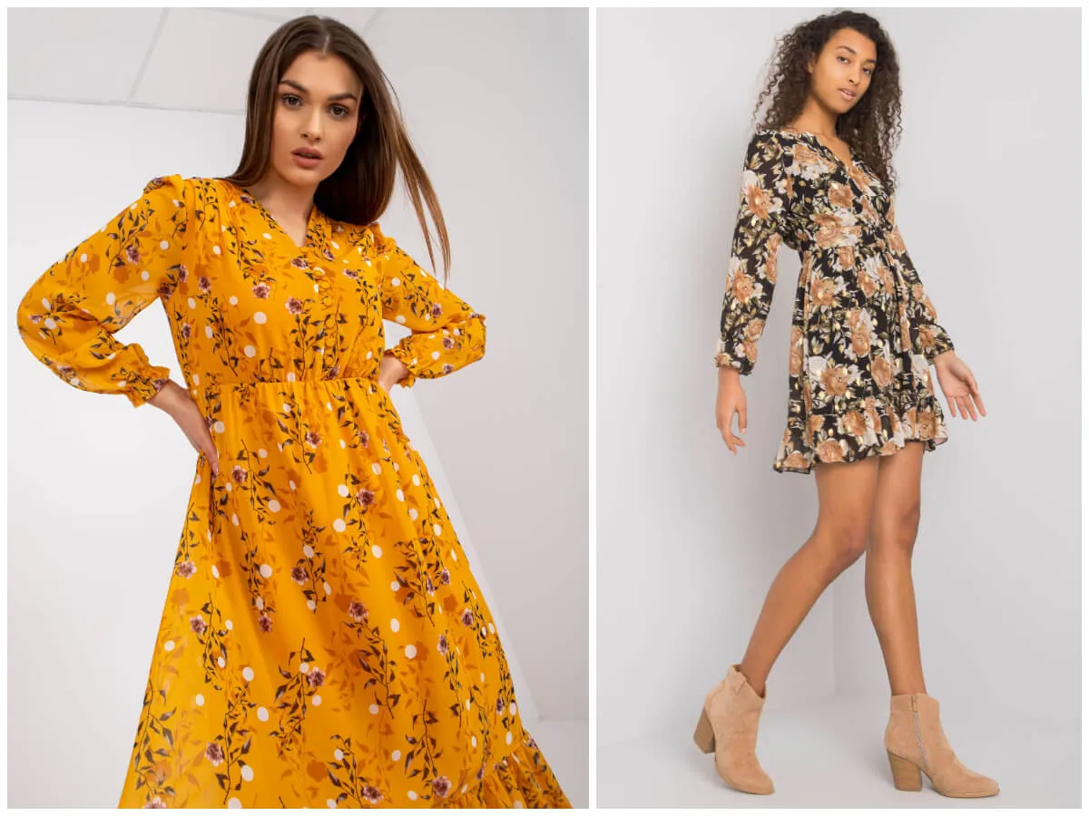 Dwie sukienki w kwiaty: musztardowa maxi i czarna mini. Inspiracja, co założyć do sukienki w kwiaty.