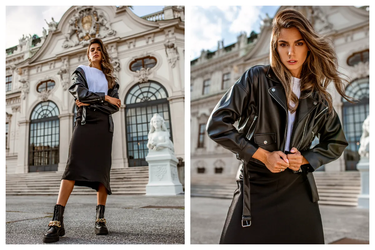 Czarna skórzana kurtka to idealne jakie okrycie do kombinezonu, tworząc stylowy i odważny look.