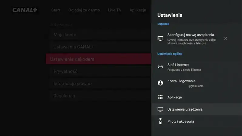 menu konfiguracji sieci dekoder canal+