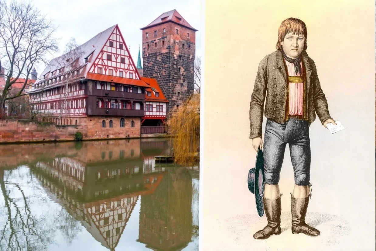 Norymberga i tajemnicza postać, kt&oacute;ra budzi zagadkę Kaspara Hausera.