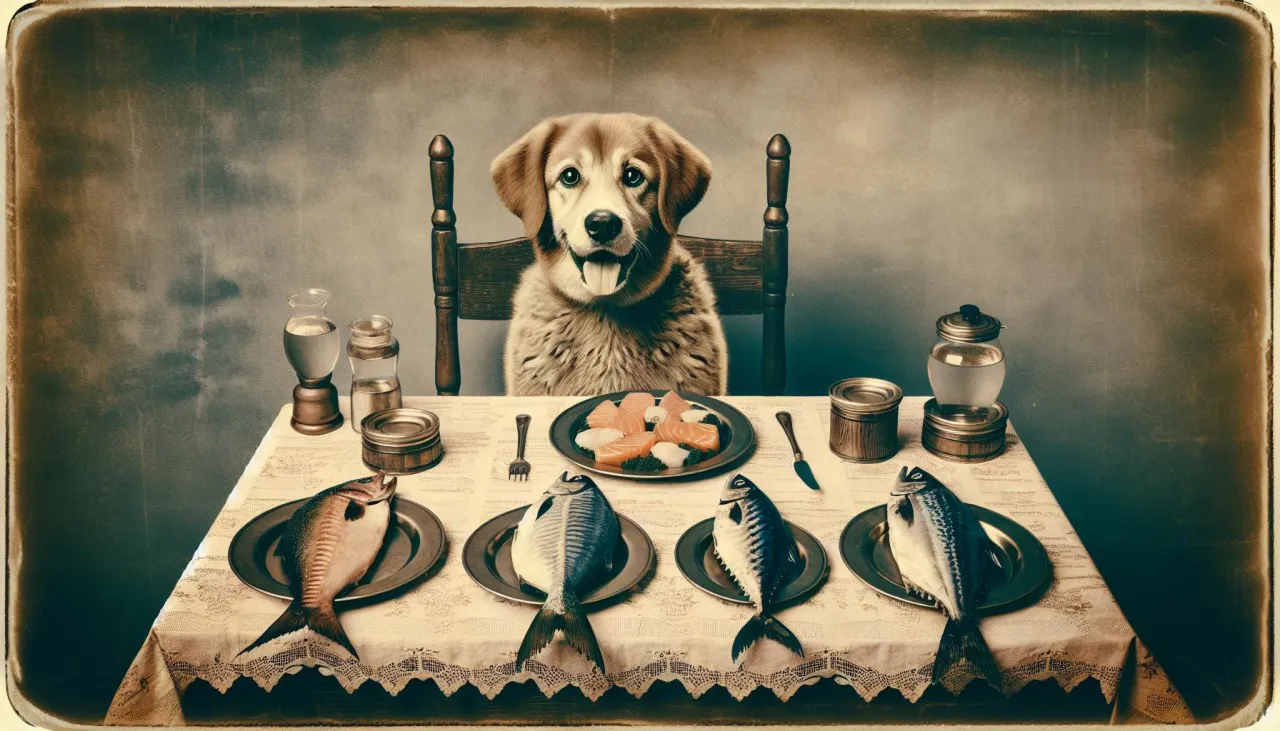 Uśmiechnięty pies siedzi przy stole z rybami. Czy pies może jeść rybę wędzoną? To pytanie pozostaje otwarte, gdy pies wpatruje się w swój posiłek.