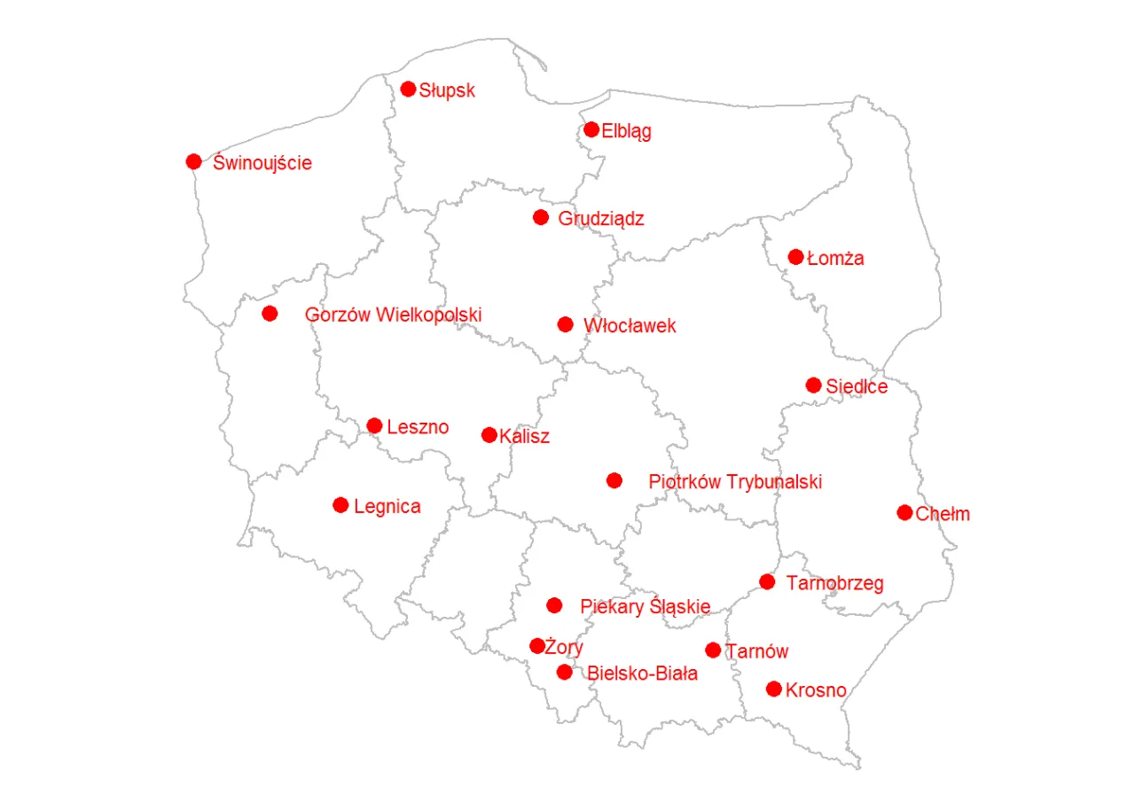 Mapa Polski z zaznaczonymi miastami