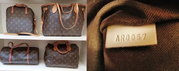 Przykłady kod&oacute;w daty Louis Vuitton na metkach i podszewkach