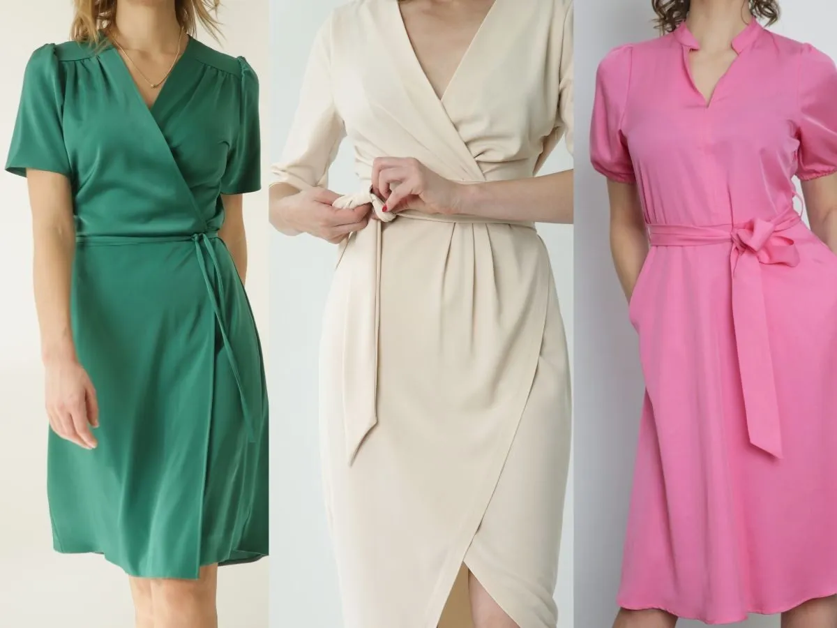 Eleganckie sukienki kopertowe w kolorach zieleni, beżu i r&oacute;żu. Idealna stylizacja na komunię dla babci, podkreślająca jej szyk i klasę.