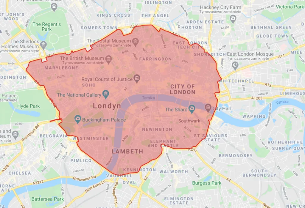 Mapa stref transportowych Londynu z cenami