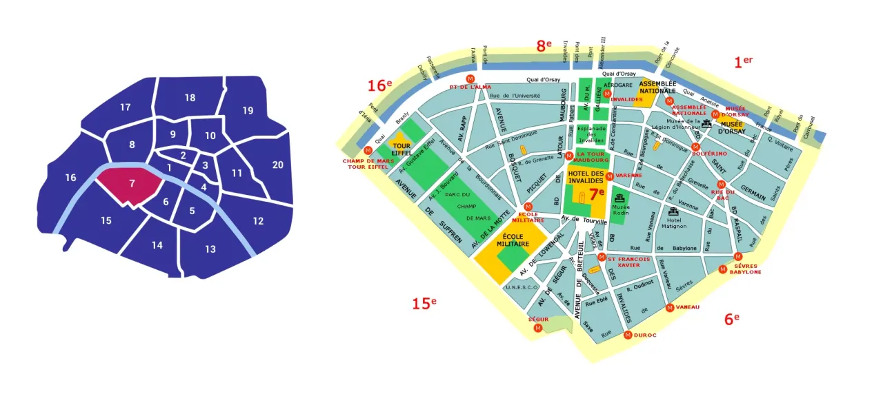 Mapa arrondissements Paryża z zaznaczonymi gł&oacute;wnymi atrakcjami