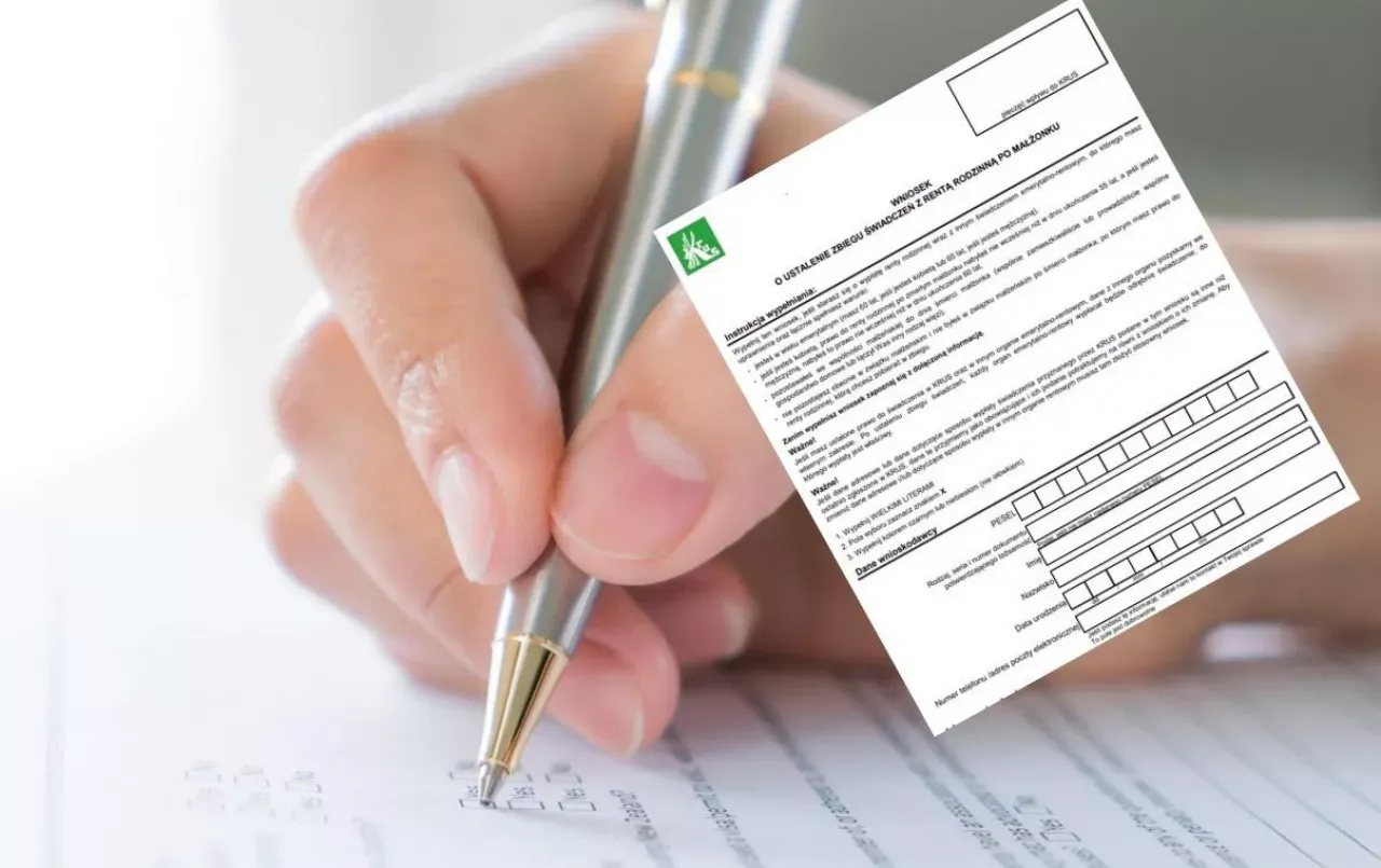 Dłoń z długopisem wypełnia wniosek o ustalenie świadczenia rodzinnego po mężu. Czy nigdy nie pracowałam, dostanę emeryturę po mężu?