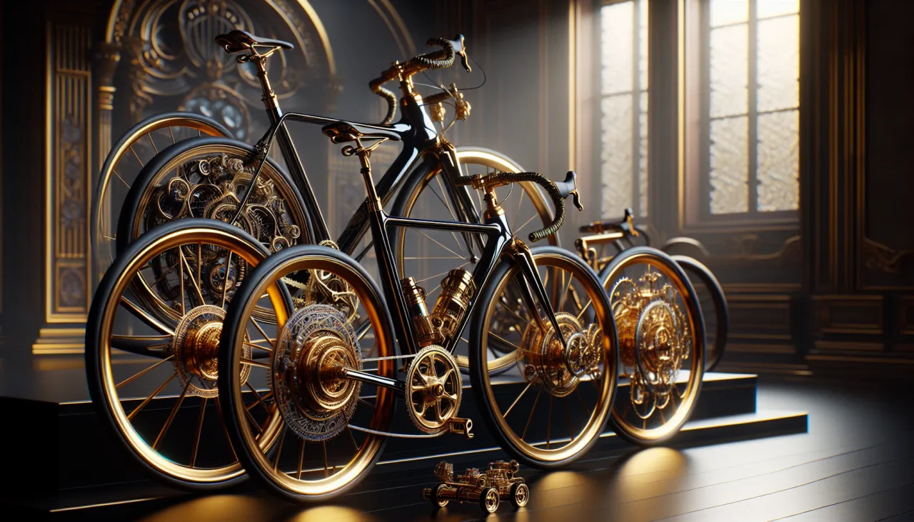Złote rowery z misternymi detalami, sugerujące, ile kosztuje najdroższy rower na świecie.
