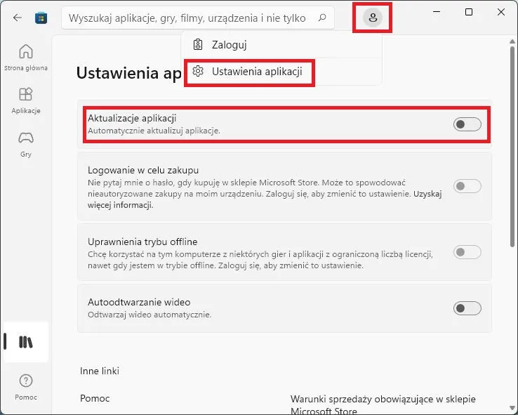 ustawienia automatycznych aktualizacji microsoft store