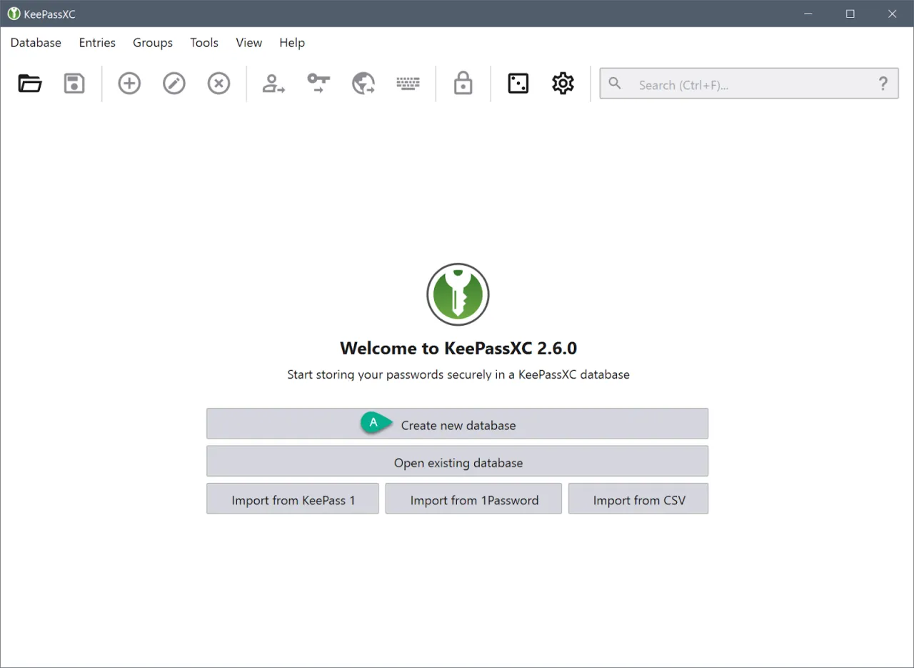 Ekran startowy KeePassXC 2.6.0, gdzie można stworzyć nową bazę danych, otworzyć istniejącą lub zaimportować dane. Bezpieczeństwo haseł z KeePassXC jest kluczowe, jak piszą na Niebezpiecznik.