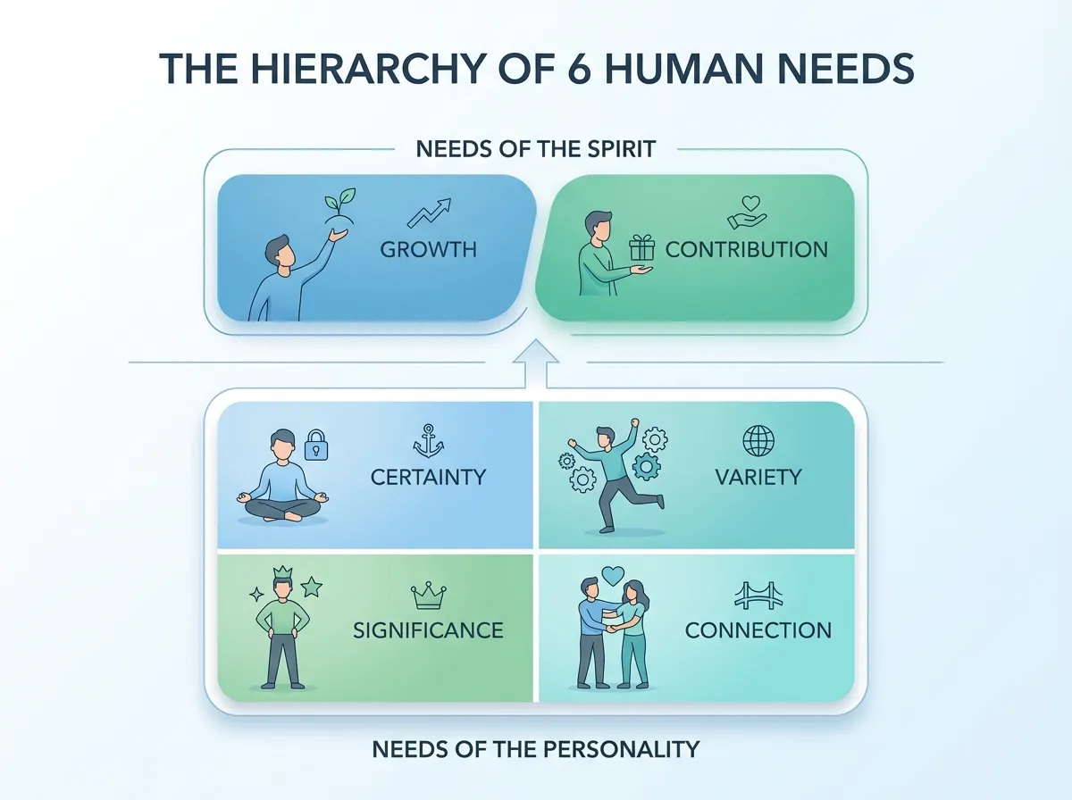 Model 6 ludzkich potrzeb Tony Robbins infografika