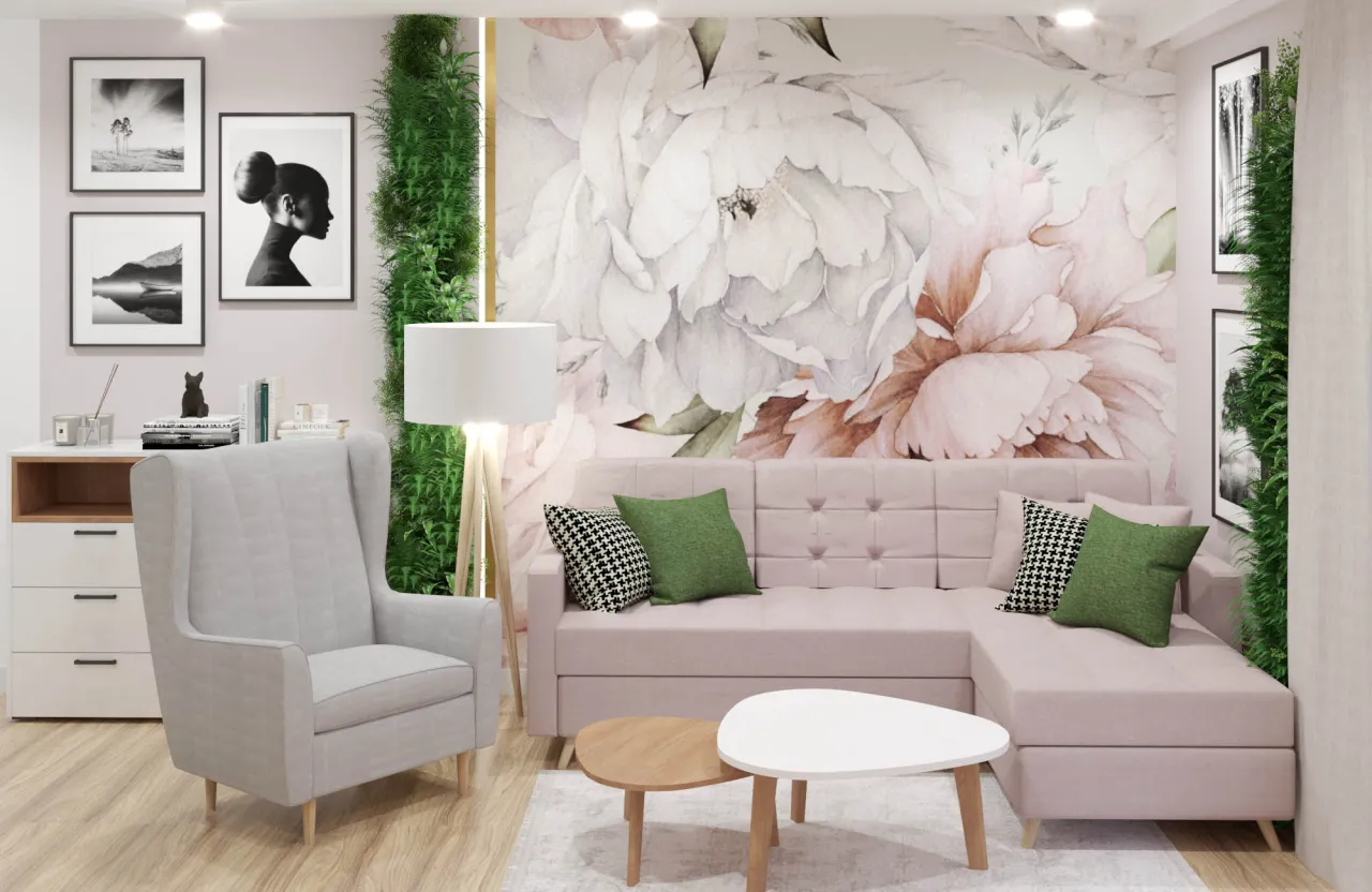 Tapeta kontrastowa z białymi meblami