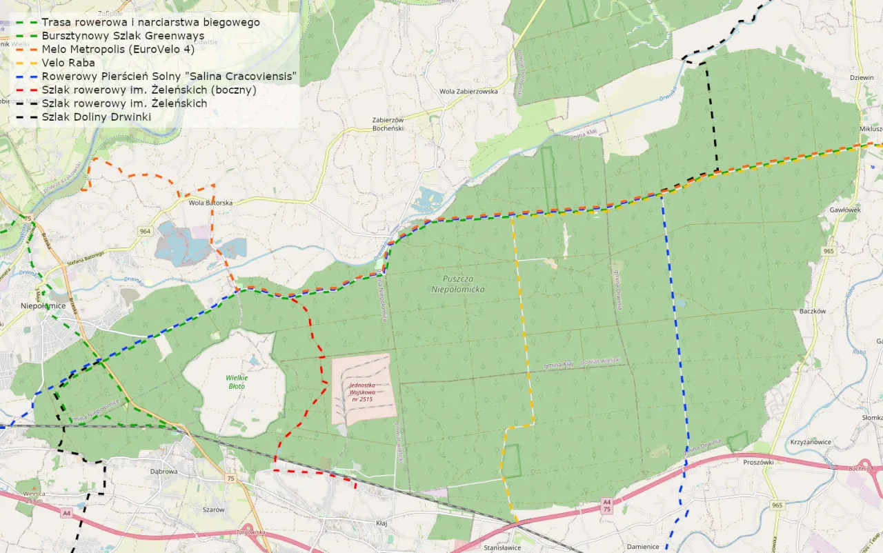 Mapa tras rowerowych Niepołomice, trasy rowerowe Puszcza Niepołomicka