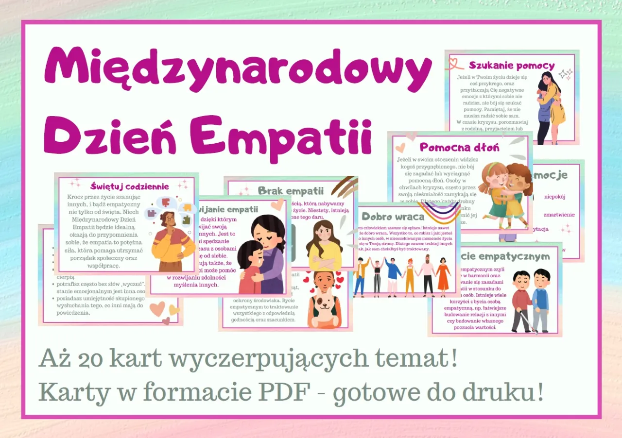 Ilustracje pokazują przykłady braku empatii i jej znaczenia. Dzieci i dorośli w r&oacute;żnych sytuacjach.