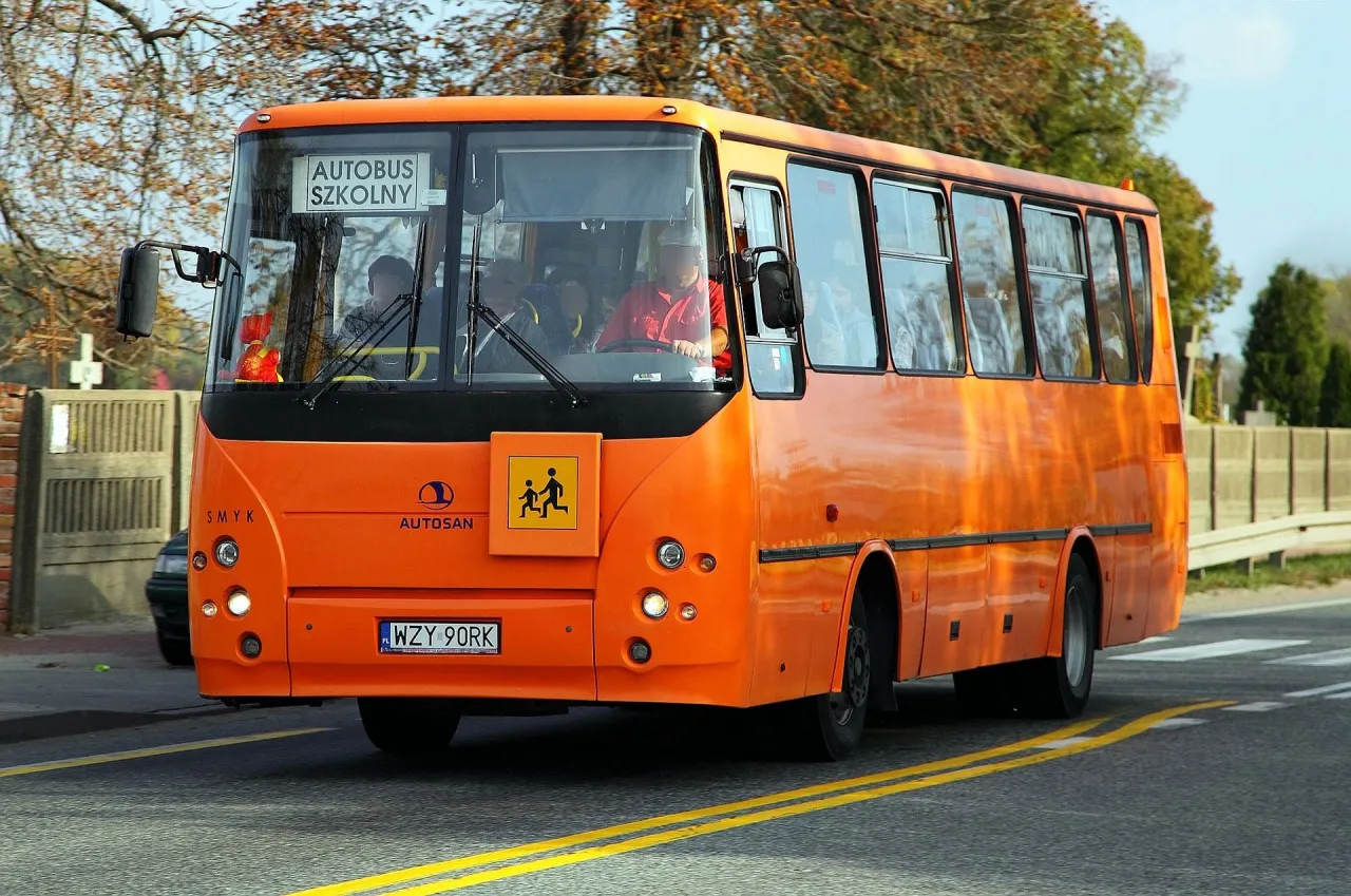Pomarańczowy autobus szkolny na 9 osób. Kierowca z prawem jazdy kategorii D może nim jeździć.