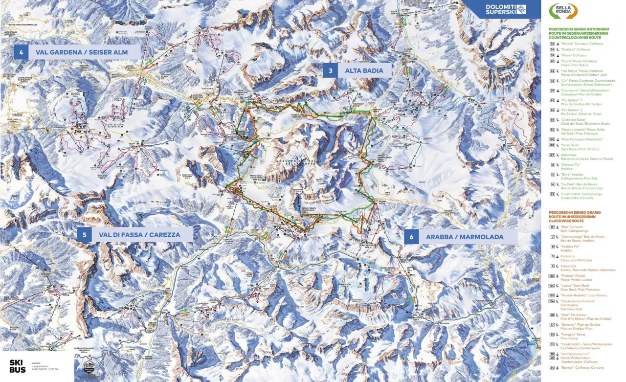 Mapa regionu narciarskiego Dolomiti Superski