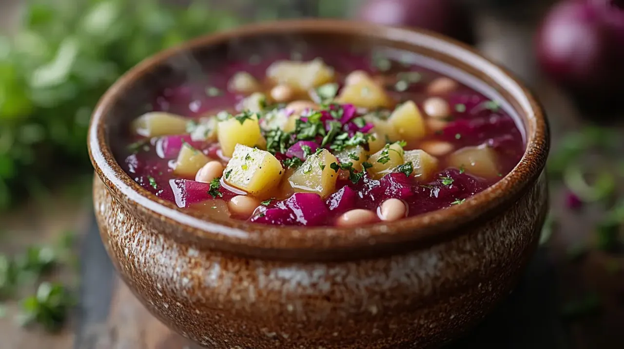 Parujący barszcz czerwony z ziemniakami i fasolą, ozdobiony natką. Idealne przyprawy do barszczu czerwonego podkreślają jego smak.
