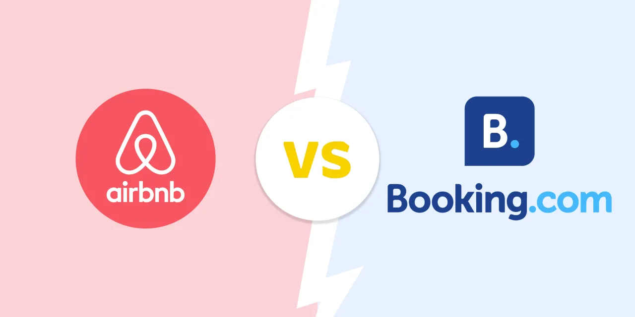Porównanie ikon Booking.com, Airbnb i logo hotelowego na tle mapy Polski