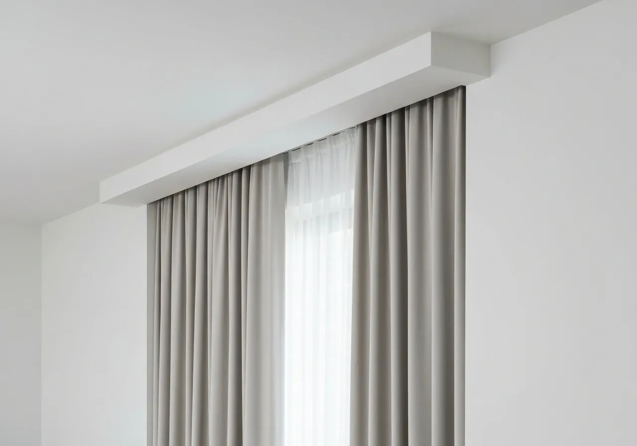 Nowoczesna wnęka na karnisz, ukrywająca szynę, tworzy elegancką linię. Jej głębokość, wnęka na karnisz ile cm, jest idealnie dopasowana do zasłon.