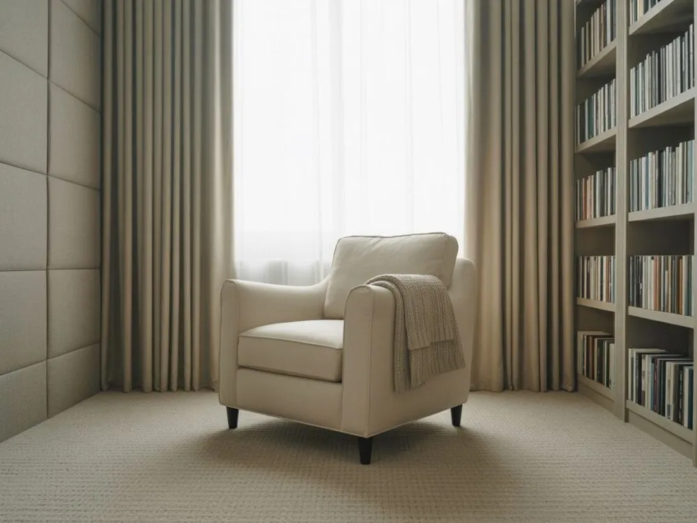 domowe sposoby wygłuszania ściany, regał z książkami, grube zasłony