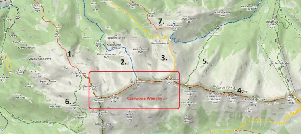 Mapa szlak&oacute;w Czerwone Wierchy