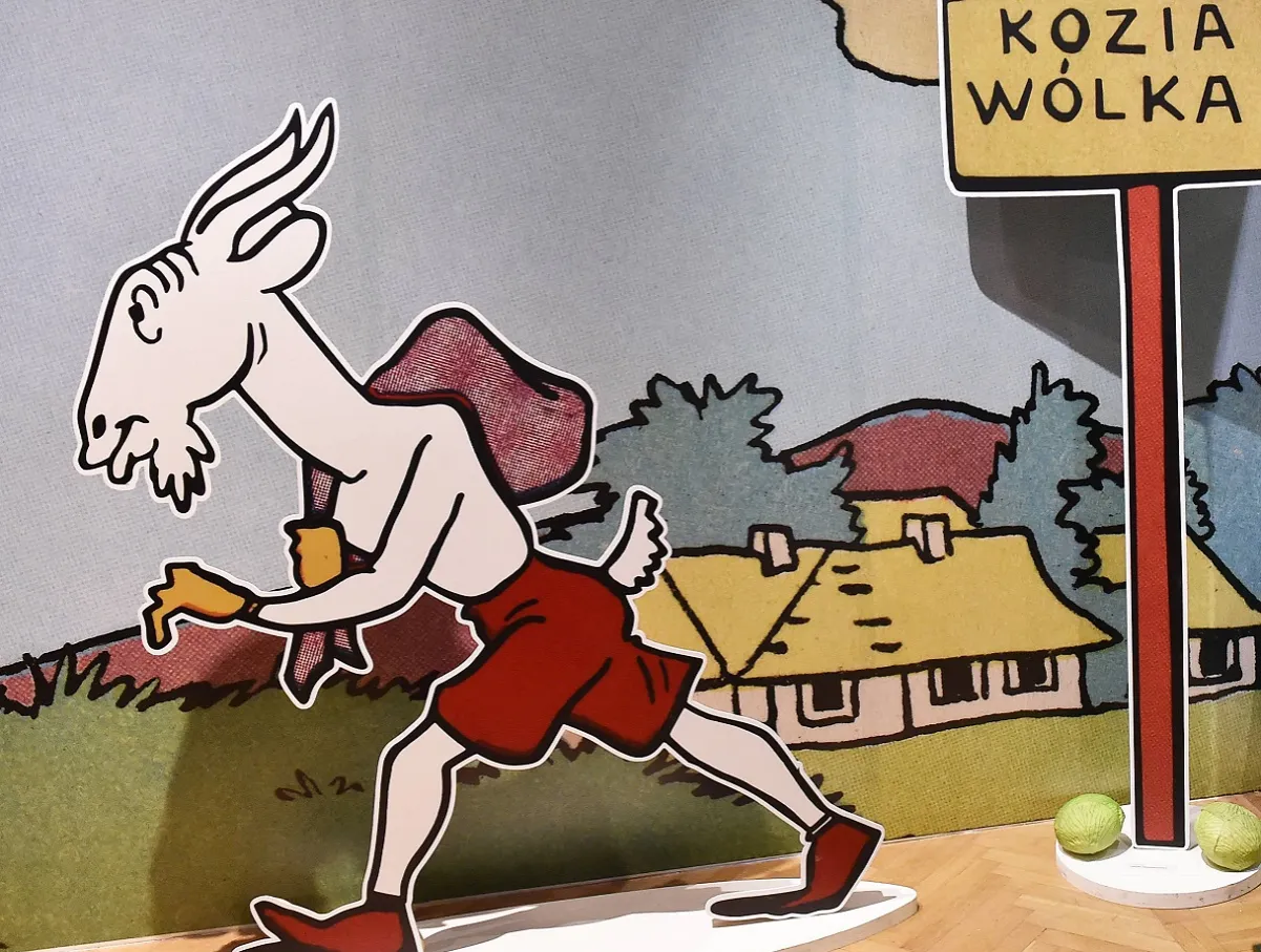 Koziołek Matołek wyrusza w podr&oacute;ż, niosąc sw&oacute;j dobytek. Znak 