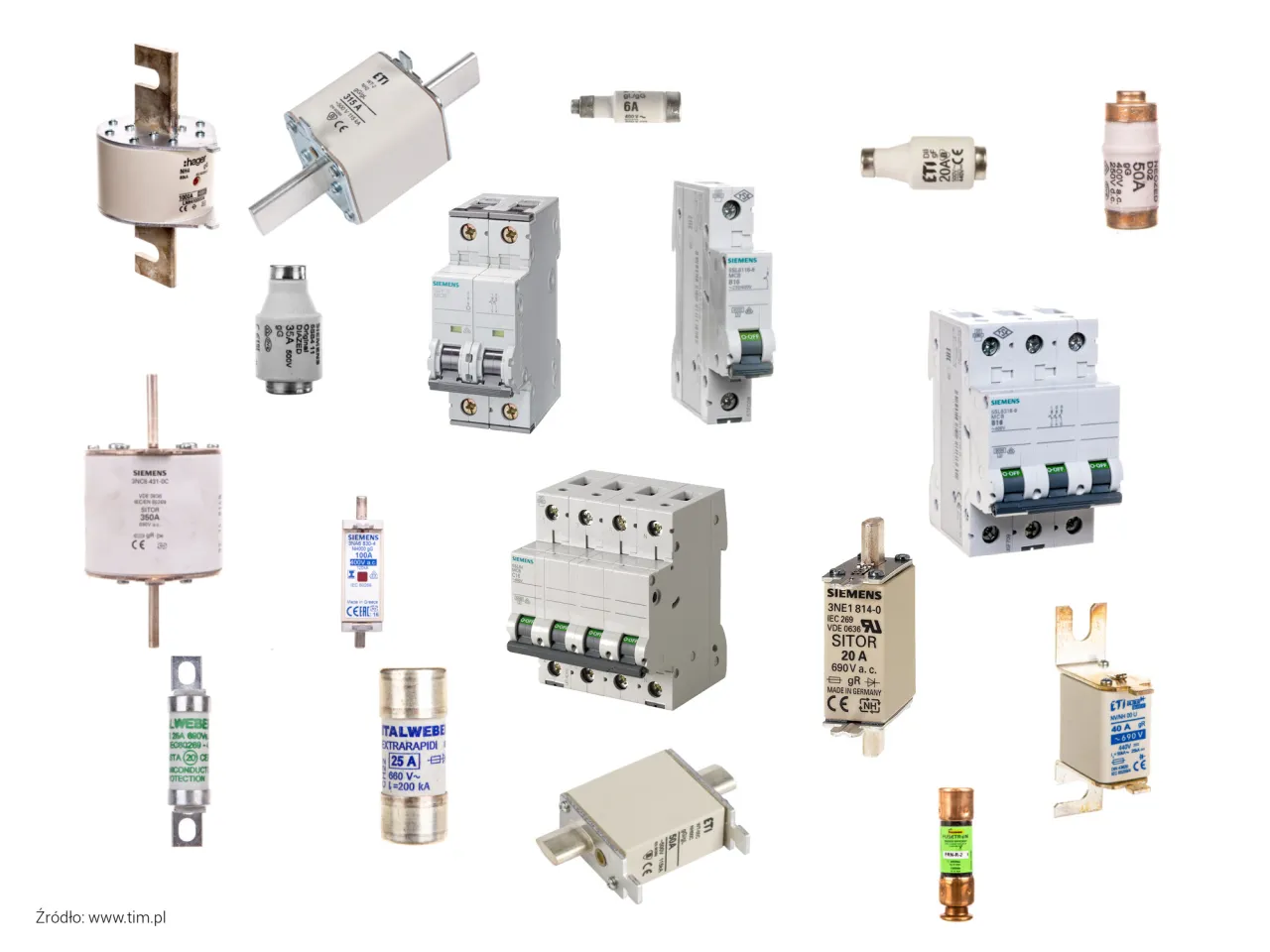 Różnorodne bezpieczniki i wyłączniki automatyczne, kluczowe w ochronie przed zwarciem i przeciążeniem.