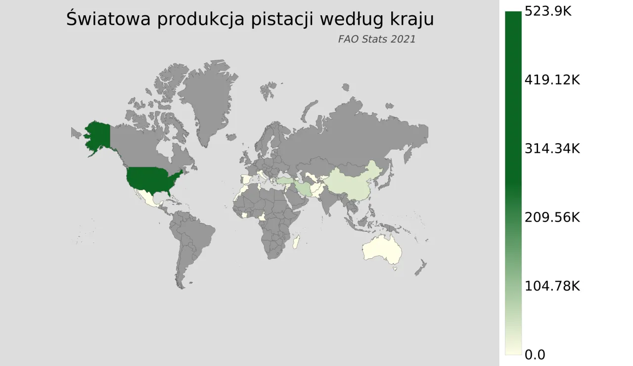 Mapa świata kraje produkujące pistacje