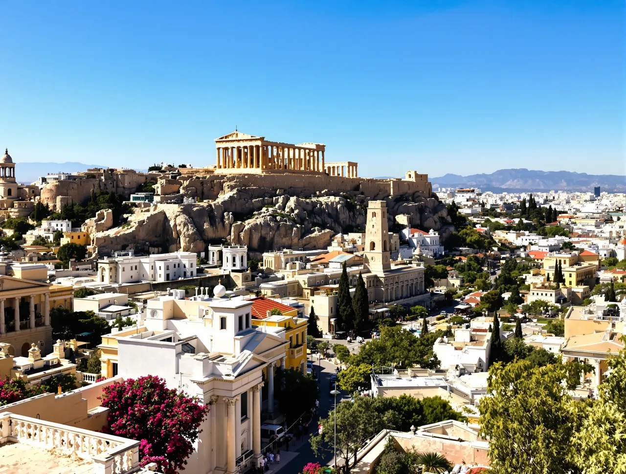 Widok na Akropol i Ateny. Tłumy turyst&oacute;w zwiedzają zabytki, co sugeruje, że w Atenach jest bezpiecznie.