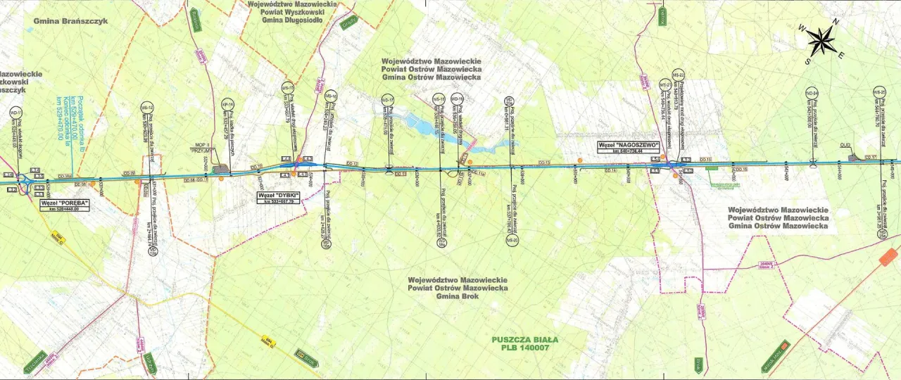 Mapa drogowa z zaznaczonymi węzłami i odcinkami drogi S61, kt&oacute;ra stanowi część trasy Białystok-Wyszk&oacute;w.