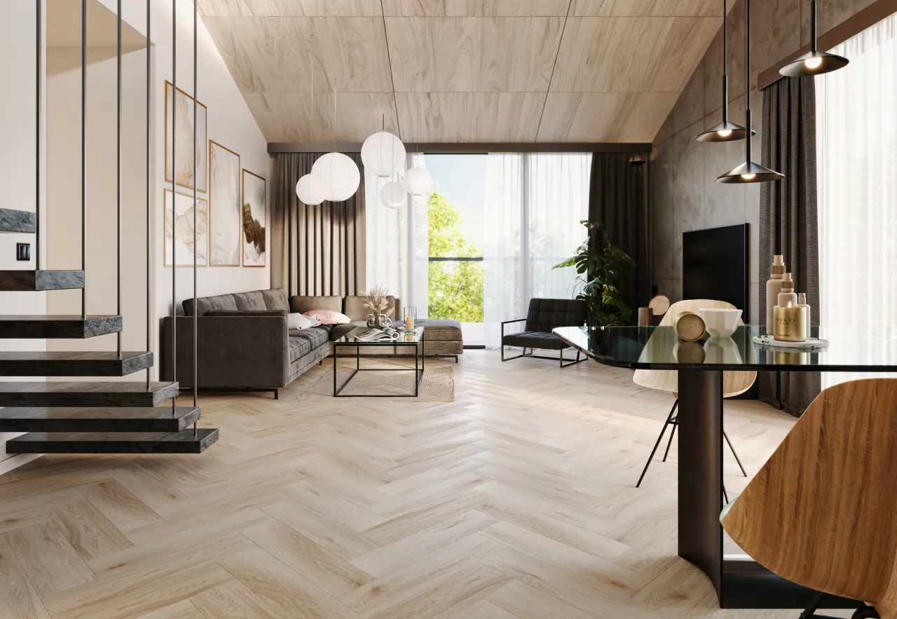 Salon z panelami jodełka francuska