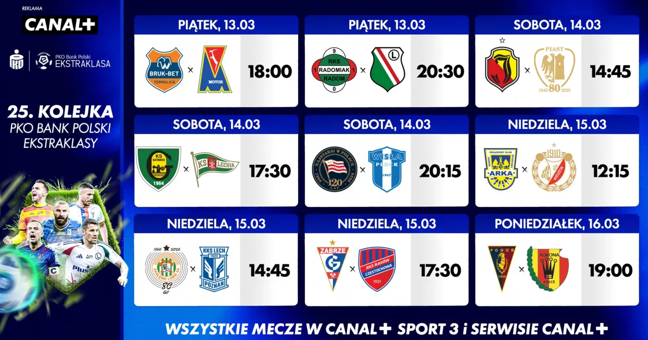 Grafika przedstawia terminarz 25. kolejki PKO Bank Polski Ekstraklasy. Zobacz, ile zostało kolejek do końca sezonu!