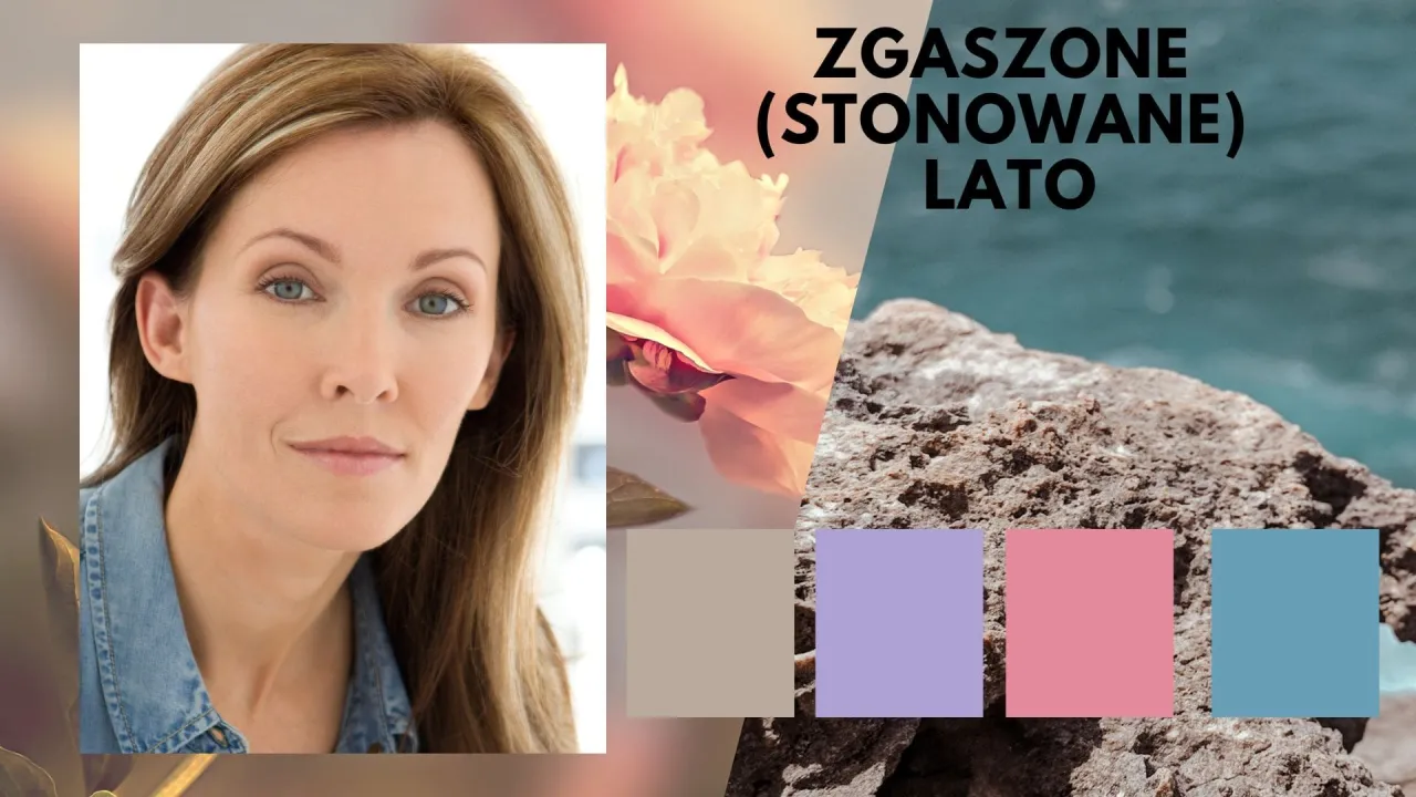 Portret kobiety o łagodnym spojrzeniu, obok kwiat i kamienie. Zgaszone lato kolory inspirują.