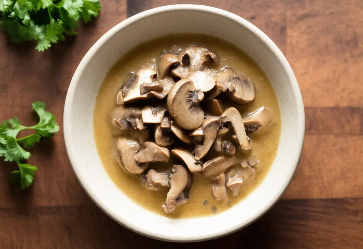 Jak zrobić sos grzybowy z mrożonych grzybów? Aromatyczny, kremowy sos z pieczarek w miseczce, ozdobiony gałązkami kolendry.