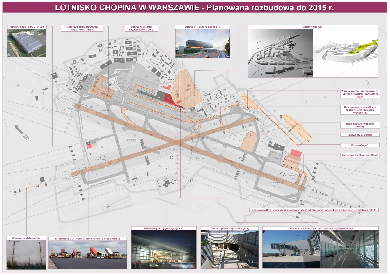 Plan rozbudowy Lotniska Chopina w Warszawie do 2015 r. pokazuje, ile jest lotnisk w Warszawie - jedno gł&oacute;wne lotnisko z planowanymi inwestycjami.