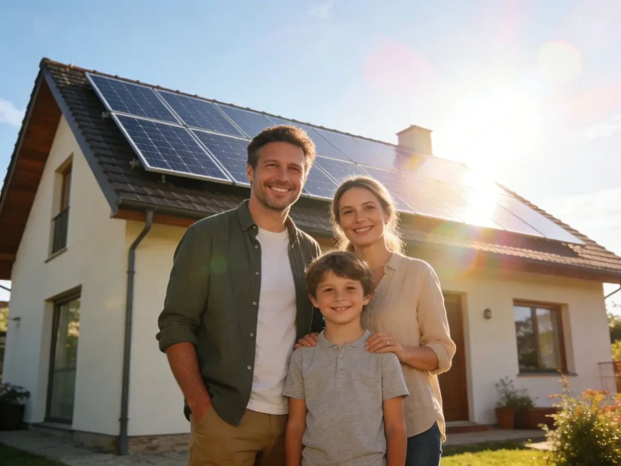 Szczęśliwa rodzina przed domem z fotowoltaiką. Dowiedz się, jakie dofinansowanie do fotowoltaiki jest dostępne i zacznij oszczędzać!