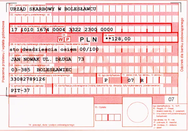 Wzór wypełnionego przelewu bankowego ryczałt PPE